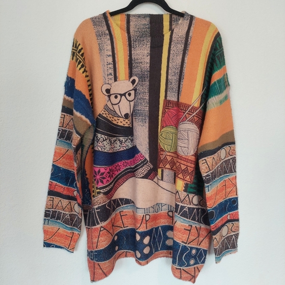 Graphic Wearable Art Crewneck Printed Bear Wool Blend Sweater - Picture 1 of 7